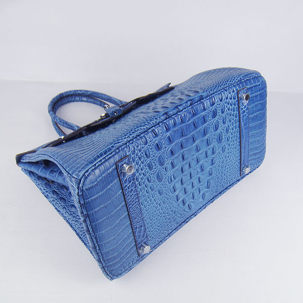 High Quality Fake Hermes Birkin 35CM Crocodile Head Veins Leather Bag Dark Blue 6089